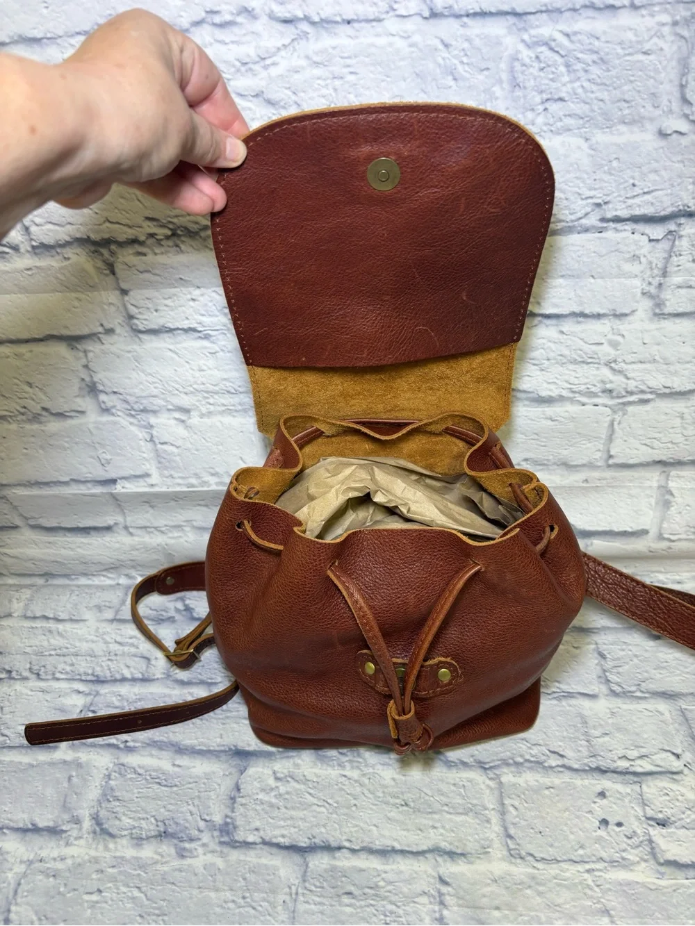 Portland Leather Goods Bucket Backpack Brown Full Grain Leather Drawstring Bag